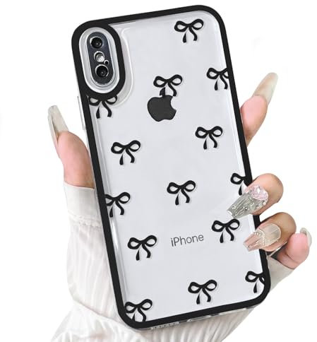 NITITOP Compatible with iPhone XS Max Case Cute Clear Black Durable Ribbon Bowknot Pattern for Girls Women Soft TPU Transparent Full Camera Lens Shockproof Protective Phone Cover - Black