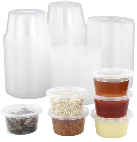 JRSHIRLEYLTD Lot de 55 récipients alimentaires ronds avec couvercles - En plastique réutilisables - Avec couvercles - Pour sauces, salades, chutney - 100 ml