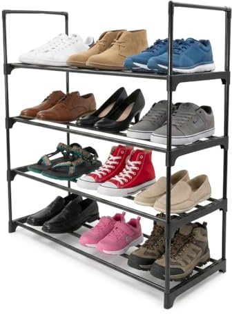 Anika 4-Tier Shoe Rack – Stackable Black Metal Shoe Storage Organiser, Holds 12 Pairs | Tool-Free Assembly | Hallway, Bedroom, Living Room, Closet | 65.5 x 71.5 x 28 cm