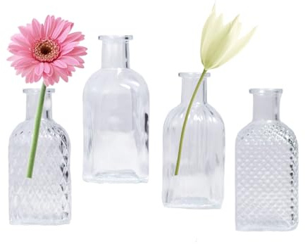 Bud Vasen in Bulk-Set von 4-Small Glas klare quadratische Vase EylKoi Verschiedene geprägte Form Vintage Mini Tiny Flower Vasen Modern Niedlich für Home Table Hochzeit Dekor Mittelstücke Party