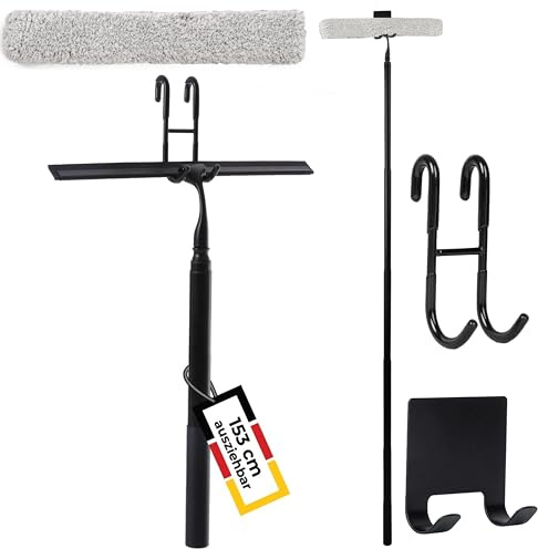 cocofy Duschabzieher Teleskop 43–153 cm, 35 cm breit, schwarz – Abzieher Dusche Langer Stiel ausziehbar mit Mikrofaser Überzug, 2 Haken, Badabzieher und Flitsche für Dusche Boden