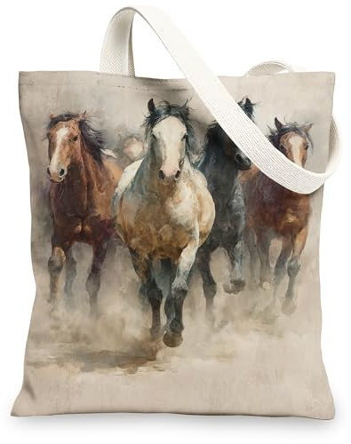 Kunstpferde Canvas-Taschen, wiederverwendbare Segeltuchtaschen mit rustikalem Pferdedruck, leichte und waschbare Canvas-Taschen mit Schultergurt