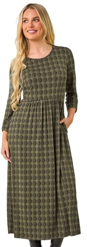 Roman Originals Midi Dress with Pockets for Women UK Ladies Stretchy Jersey Maxi Long 3/4 Length Sleeve Gathered High Waist Boho Flattering Skater Swing Fit Flare - Petite Khaki - Size 18