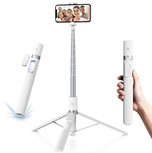 K&F CONCEPT MS-50 Alu Handy Stativ 1,72m, Weiß | Automatisches Öffnen & Schließen, 360° drehbar, 9-Tasten Bluetooth-Fernbedienung, kompatibel mit iPhone Samsung Android