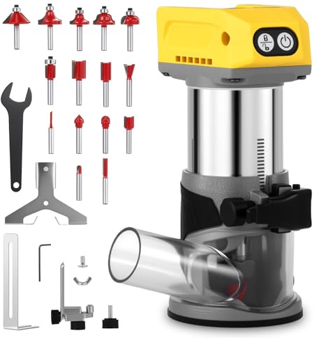 WODHMIEY Kabellose Oberfräse kompatibel mit Dewalt 18–21V Batterie 800W bürstenloser Holztrimmer 5 Drehzahlen 12000–24000 U/min Aluminium Basis Staubabsaugung 15-tlg 1/4″ Fräser Set (ohne Batterie)
