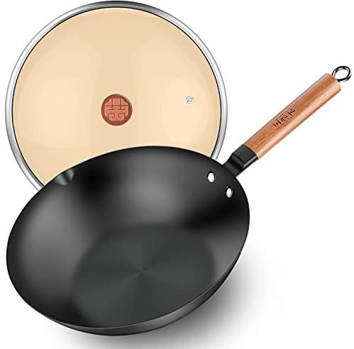 WANGYUANJI Iron Wok, 28cm Frying Pan with Lid, No Chemical Coating 11.1 Deep Stir Fry Pan with Flat Bottom
