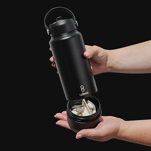 Stylish Insulated Water Bottle with Secret Compartment 760ml - Stainless Steel Insulated Water Bottle with Straw + Discreet Storage Compartment | Perfect for Hot or Cold Drinks (Jet Black)