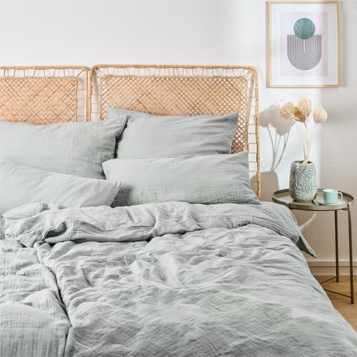 Blumtal Musselin Bettwäsche 4-teilig 2x135x200 + 2x40x80 cm, Blau | OEKO-TEX zertifiziert, aus 100% Baumwolle, weich und bei 40 °C waschbar – leichte Sommerbettwäsche.