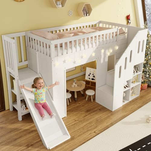 KUIKUI Loft Bed with Storage Stairs, 3FT Bunk Bed with Slide, High Sleeper Bed for Kids White Wooden with Guardrail, with LED Light Strip, Children's Bedroom Furniture, 90x190 cm
