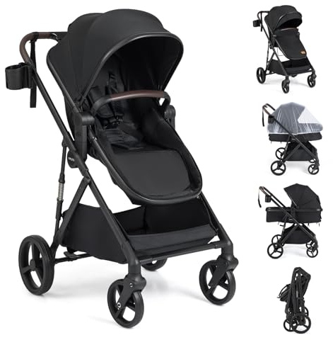 COSTWAY 3 in 1 Kinderwagen faltbar, Kombikinderwagen mit umkehrbarem Sitz & Liegefunktion, Reisebuggy mit verstellbarer Rückenlehne, Verdeck & Netz, Reisesystem tragbar für 0-3 Jahren Baby (Schwarz)