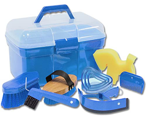 WALDHAUSEN Putzbox Putzkiste für Pferde Putzkoffen für Kinder inklusive Kardätsche, Wurzelbürste, Mähnenkamm, Hufkratzer, Herzchenstriegel, Mini-Schweißmesser und Pferdchenschwamm