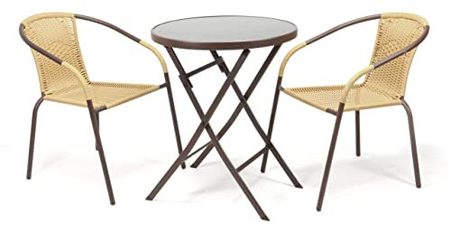 Nexos Trading Bistroset Balkonset Rattanset – Sitzgarnitur aus Glastisch & Bistrostuhl – Stahlgestell Polyrattan Glasplatte robust stapelbar beige