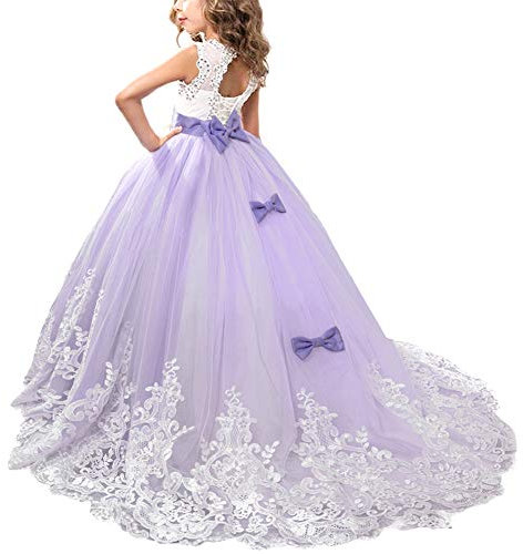 FYMNSI Vestito da Prima Comunione per Bambini Ragazza di Fiori Maxi Abito Lungo Tulle Vintage Pizzo Principessa Senza Maniche Abito da Cerimonia Formale Nuziale Damigella d'Onore Viola 10-11 Anni