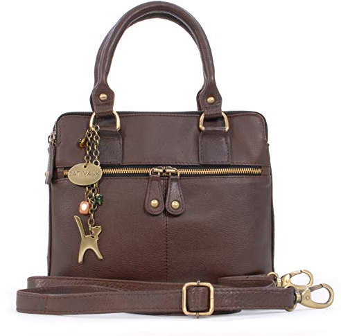 Catwalk Collection Handbags - Damen Leder Umhängetasche - Handtasche Mittelgroß - Henkeltasche mit Abnehmbarem Schultergurt - Vicky - Braun