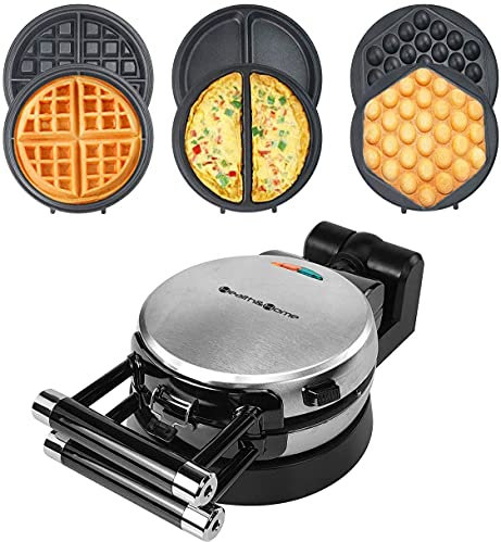 Health and Home 3 Interchangeable Baking Plates for Making Waffles, Eggette, Omelet, Upgrade 360 Rotating Belgian Multifunction Nonstick Baking Maker.