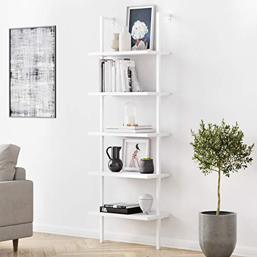 Nathan James Theo 5-Shelf Modern Bookcase, Open Wall Mount Ladder Bookshelf with Industrial White Metal Frame