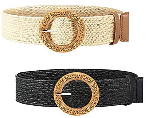 XLKJ 2 Pezzi Cintura Intrecciata Donna,Cintura da Donna in Paglia Cintura Elastica in Tessuto