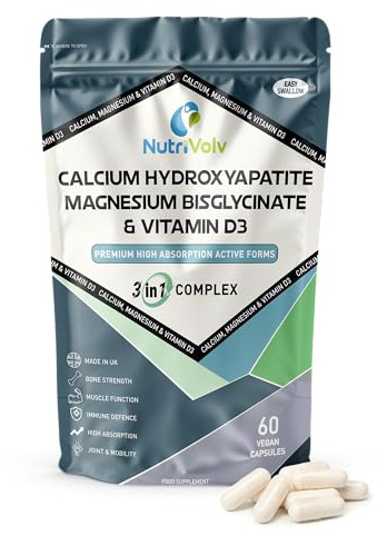 Calcium, Magnesium & Vitamin D3 | Premium Active Forms Complex | 60 Vegan Capsules | High Absorption Bone, Muscle & Immune Support | with Hydroxyapatite, Bisglycinate & Vegan D3 | by NutriVolv