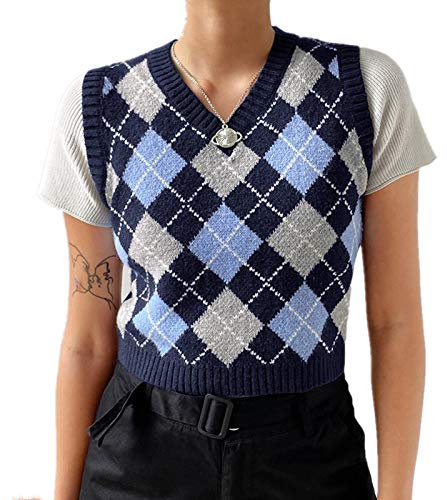 Hyipels Y2K Damen-Pullover, ärmelloses Muster, adretter Stil, gestrickt, bauchfreies Tanktop für Mädchen, Marineblau-Grau, Groß