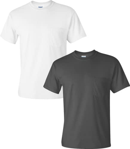 Gildan Men's Ultra Cotton Adult T/Shirt with Pocket, 2/Pack MED/White/Charcoal, Charcoal,white, Medium