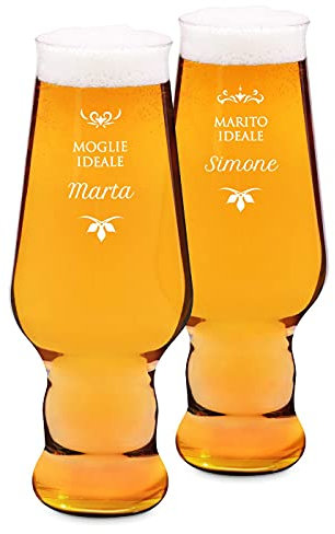 Maverton set x2 Bicchieri per la Birra - particolari - in vetro con personalizzazione - capienza 400 ml - H20 cm x Ø7,8 cm - Perfetti per ogni coppia amante della buona Birra - moglie e marito
