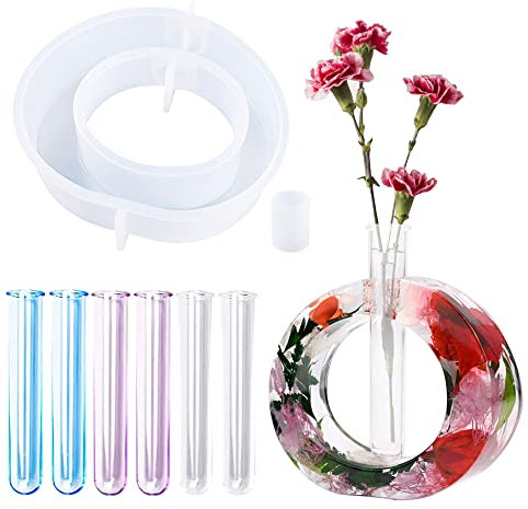 Woohome Blumenvase Silikonform Vase Resin Form Silikonformen Epoxidharz Pflanzgefäß Gießformen mit 6 Stück Acryl Reagenzgläser für Hydrokulturpflanzen, Heim Büro Dekor, Runden