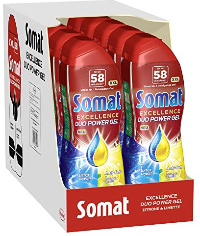 Somat Excellence Duo Power Gel (10 x 58 Spülgänge) Spülmittel für den Geschirrreiniger mit Duo-Formel für bis zu 2x mehr Glanz & sofortige Tiefenreinigung, Zitrone & Limette