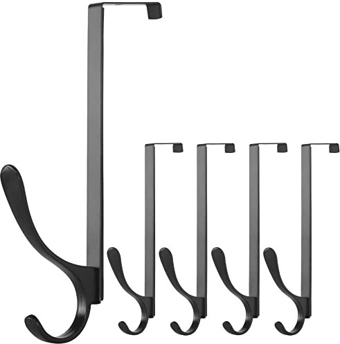 SKOLOO Over The Door Hooks - for Doors up to 4.5cm Thick, Pack of 5, Stainless Steel Door Hanger Hooks, Over The Door Hanger for Coats Clothes Hat Towel Jacket, Black