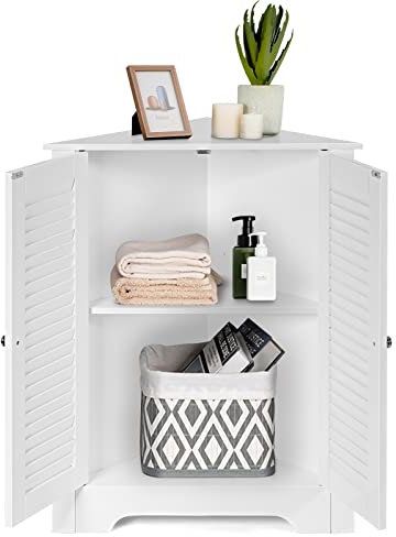 GIANTEX Eckschrank, platzsparender Badezimmerschrank mit Lamellentüren & 3-stufig verstellbaren Ablagen, Mehrzweckschrank für Bad, Wohnzimmer, Küche & Eingangsbereich