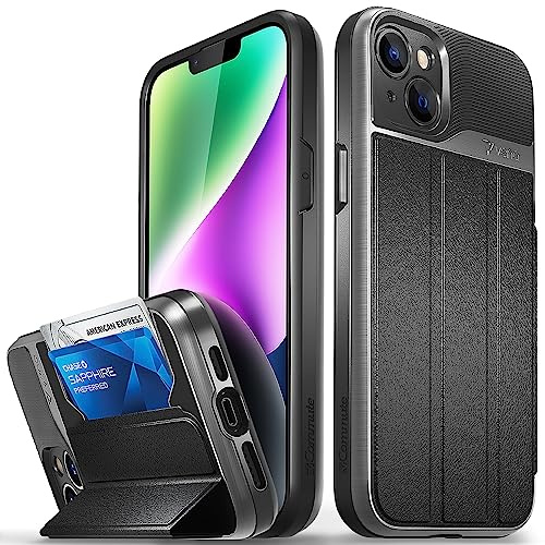 VENA vCommute - Brieftasche Hülle für Apple iPhone 14 Plus & iPhone 15 Plus (6.7), Military Grade HandyHülle mit Kartenfach, Standfunktion, Leder Flip Etui Schutzhülle (Space Grau/Schwarz)