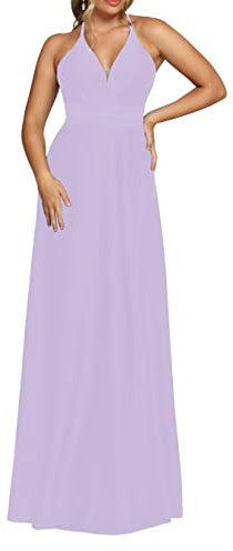 Vestidos de dama de honor de boda para mujer, de satén largo, sin mangas, sexy, sin espalda, halter hasta el suelo, vestidos de dama de honor, una línea, Lila, 46