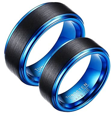 Homxi Partnerringe mit Gravur,Wolframringe Eheringe 8MM Schwarz Blau Ring mit Rund Gebürstet Eheringe Paar Damen 60 (19.1) + Herren 60 (19.1)