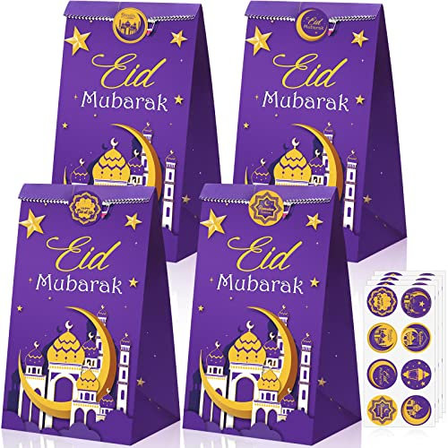 Yisong 28er Pack Ramadan Mubarak Papiertüten Eid Mubarak Mitgebsel Partytüten Eid Al Fitr Geschenktüten Moschee Ramadan Tüten mit Gedrucktem Muster für Muslim Eid Party Dekoration (Lila)