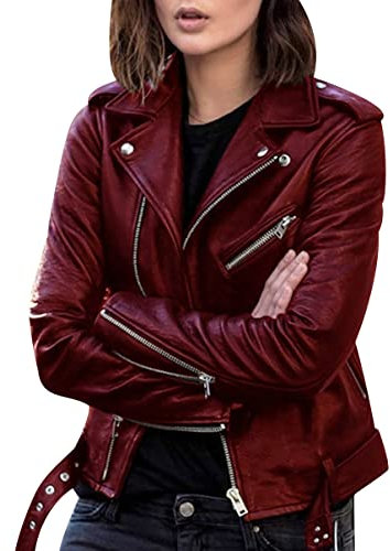 Giacca Ecopelle Donna Corta Giubbino Biker Similpelle Faux Leather Jacket Curvy Primavera Rosso XXL