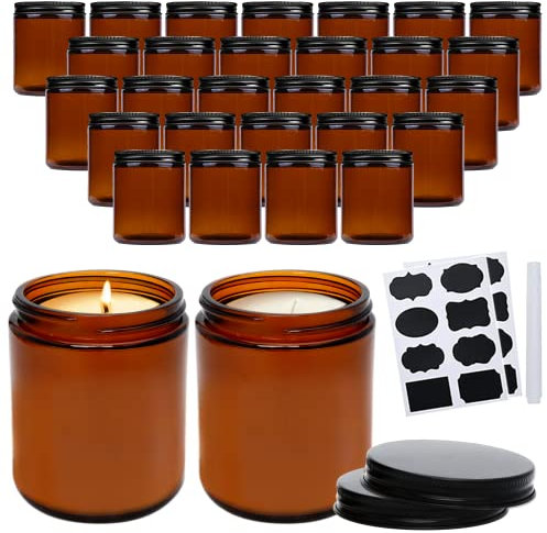 QAPPDA 8oz Amber Candle Jars Set of 30,Round Glass Jars with Black Lids,Empty 250ml Glass Candle Making Jars Bulk Thick Small Food Storage Jars for Spice,Candy,Powder