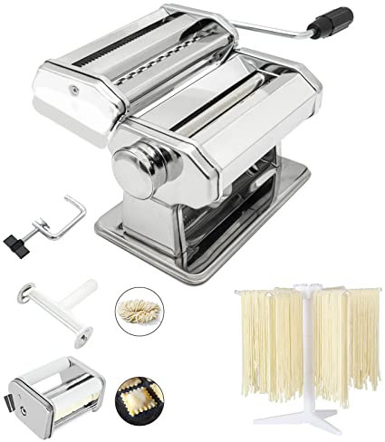 MZTOGR Pasta Maker machine, Set mit 6 Stück 150 mm Stahl Nudelmaschine mit 9 einstellbaren Dickeneinstellungen, inklusive Ravioli Maker Aufsatz, Nudeltrockner (MZ-150PST)