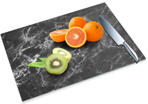 JAMBALAY Tempered Glass Cutting Board for Kitchen, 16x12 Black Marble Pattern Glass Cutting Board, Glass Chopping Board with Rubber Non Slip Feet, Heat Resistant, Shatter Resistant, Dishwasher Safe