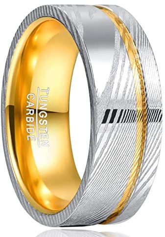 NUNCAD Bague Homme en Acier Damas et Tungstène, Anneau Large 10mm, Argent avec Rainure Dorée, pour Fiançailles Anniversaire, Taille 52