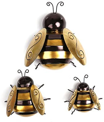 PROW® Three Metal Bees Outdoor Sculpture Garden Decoration - Bumble Bee Stereoscopic Wall Sculpture - Home Lawn Art Decoration Gardening Gifts