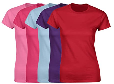COOZO Ladies Soft Ringspun Cotton Pack of 5 Short Sleeve T-Shirts - Azalea/Heliconia/Light Blue/Purple/Red - L