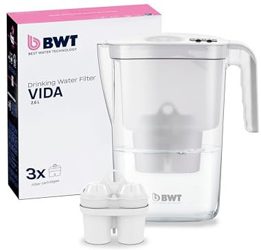 Caraffa filtrante BWT Vida bianca 2,6 l con 3 filtri Soft Extra | depuratore acqua domestico | riduzione calcare cloro metalli | brocca compatta cucina rubinetto per bevande fredde calde