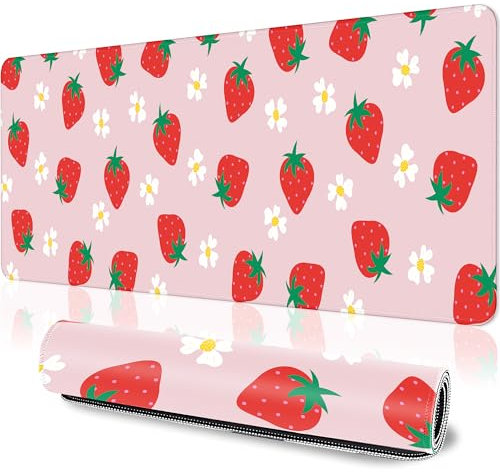 Cute Strawberry Pink Gaming Mouse Pad XL Anime Large Mouse Pad Desk Mat Extended Long Big Mousepad Desk Pad Computer Keyboard Mat Non-Slip Rubber Base and Stitched Edges for Gaming Office,31.5×11.8 In