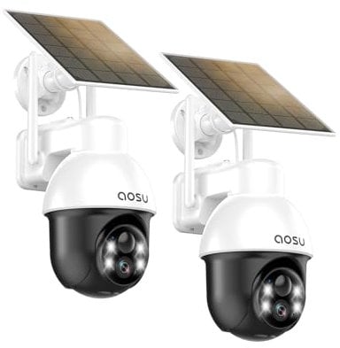 AOSU Outdoor Surveillance Camera with Solar Panel, Panoramic PTZ, Automatic Person Tracking, 2K Night Vision, Light and Sound Alarm, 2-Way Audio, Compatible with Alexa/Google Assistant (2-Pack)