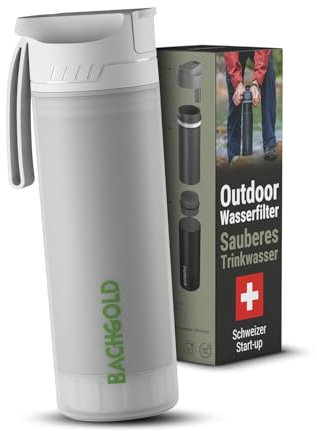 Bachgold® Profi Outdoor Wasserfilter Flasche [500ml] mit 1500L Filterkapazität I Entfernt 99,99% aller Bakterien und filtert Mikroplastik, Partikel und Chlor I Blackout- & Krisensicher (Weiss 500ml)