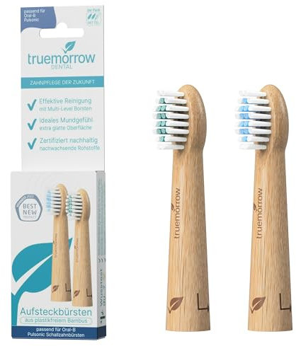 truemorrow Nachhaltige Aufsteckbürsten aus Bambus für Oral B Pulsonic Schallzahnbürste | 2 Stück | plastikfreier biologisch abbaubarer Griff | vegan klimaneutral | Mittlere Borsten | Blau Grün