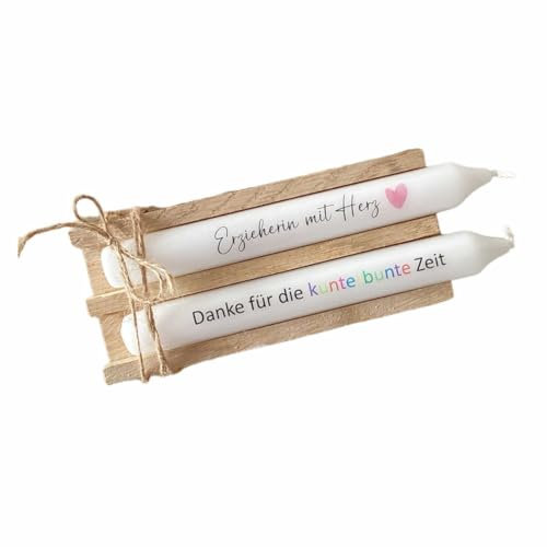 AWASG Kerze mit Spruch 2er Set - Geschenkkerze Danke Erzieherin - Abschluss Kita Kindergarten - Stabkerze mit Kerzentattoo