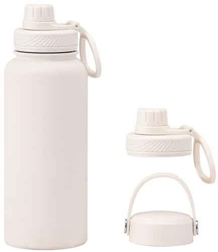 Aiivow White Water Bottle 32oz, Cream Large Insulated Stainless Steel Water Flask, Big Sports Travel Mens Water Bottle with 2 Lids, Insulated Thermal Mug Cup for Gym,Hiking