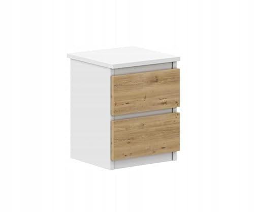 VBChome Nachttisch 30 x 26 x 38 cm Weiß - Eiche Nachttisch mit 2 Schubladen für das Schlafzimmer Grifflose Büro Zimmer Modern