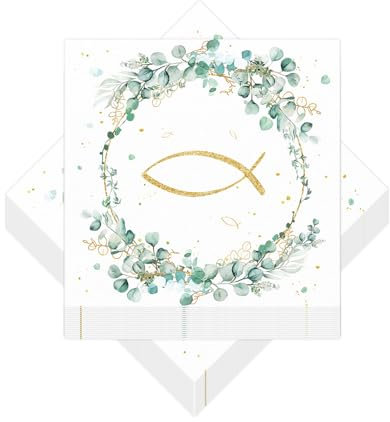 40 Servietten Fisch um Eukalyptus weiß als Tischdeko für Kommunion, servietten kommunion, servietten taufe, Party Servietten serviette taufe, für jungen und Mädchen Konfirmation Kommunion Taufe