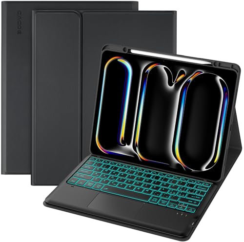 CACOE Custodia Tastiera con Touchpad per iPad Pro 13 Pollici 2024 (M4), 7 Colori di Retroilluminazione, Custodia in Pelle con Portapenne, Nero